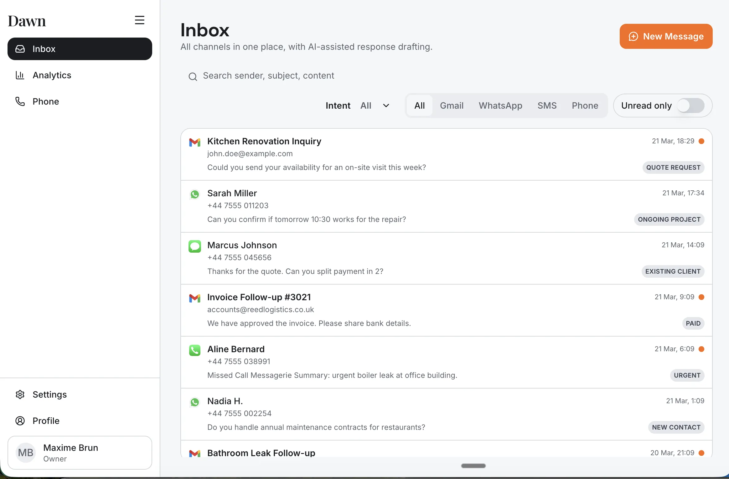 Dawn unified inbox showing all messages in one place